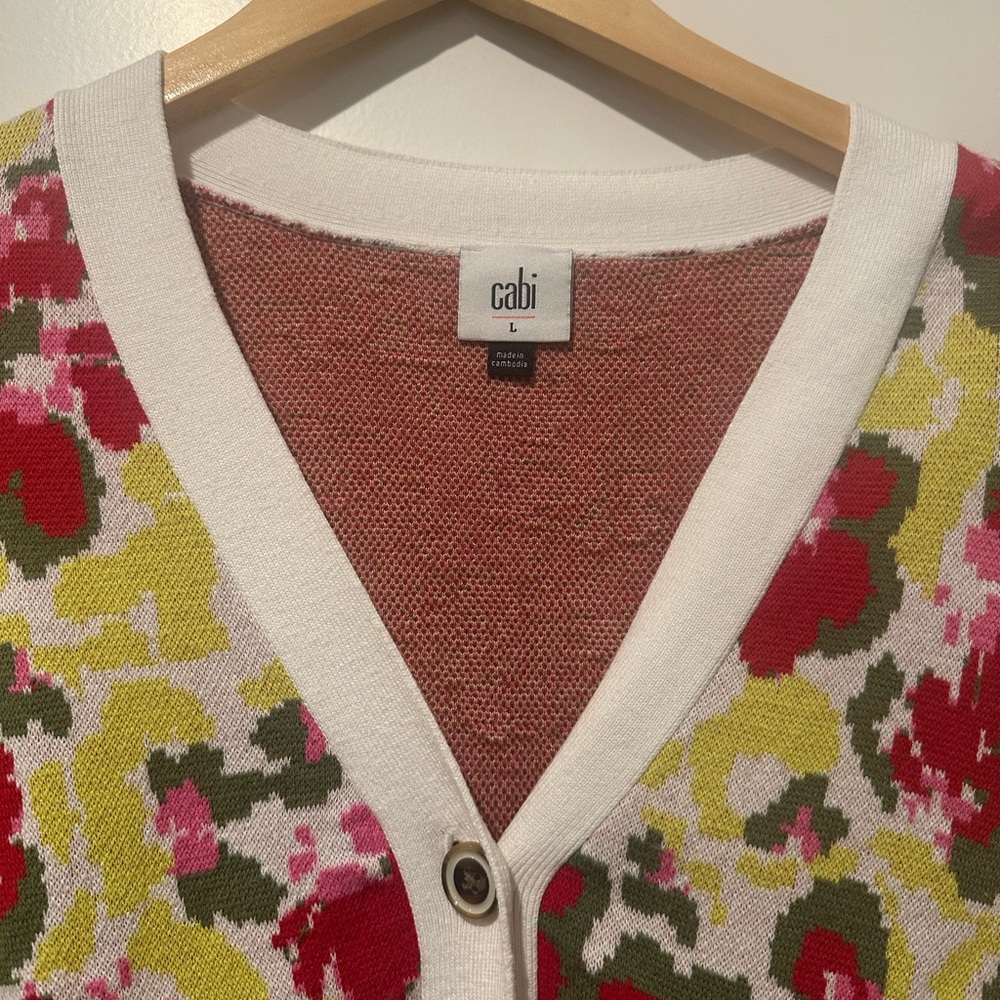 CAbi Red and Green Garden Party Cardigan Sweater with Floral Design